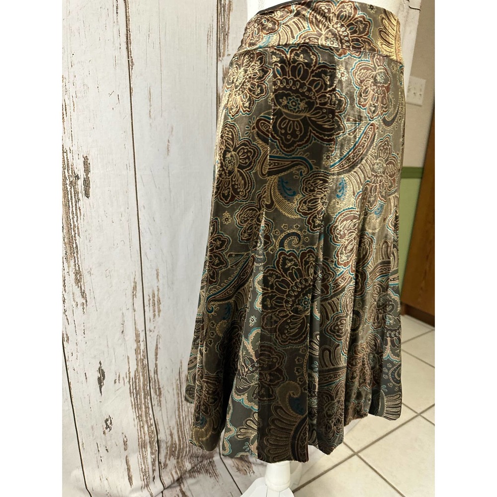 Loft Golden Brown Tone Pleated Velvet Feel Silk Blend Mid-length Skirt - Picture 2 of 4